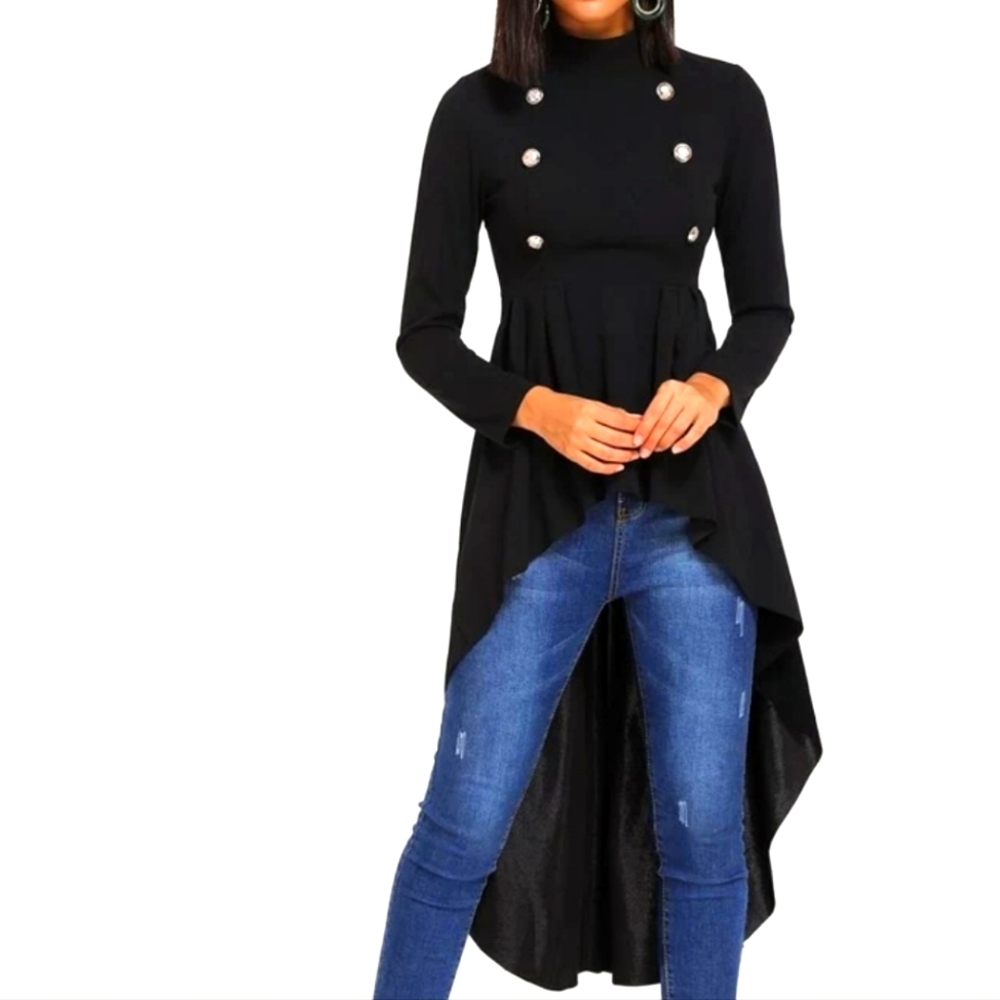 SHEIN "EMERY ROSE" Women's Black Mock Neck Double Breasted Dip Hem Peplum Top